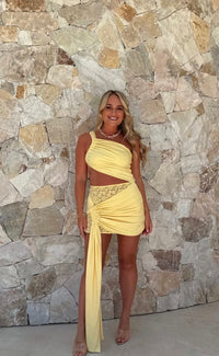 Hire DECONDUARTE Paradiso Lace Mini Dress in Baby Yellow