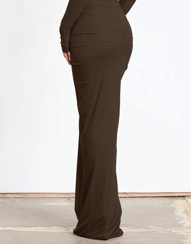 Hire EFFIE KATS Pilar Set Bodysuit and Maxi Skirt in Chocolate Brown
