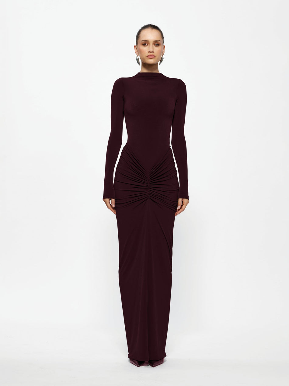 Hire EFFIE KATS Kayson Tia Set Bodysuit and Maxi Skirt in Black Cherry