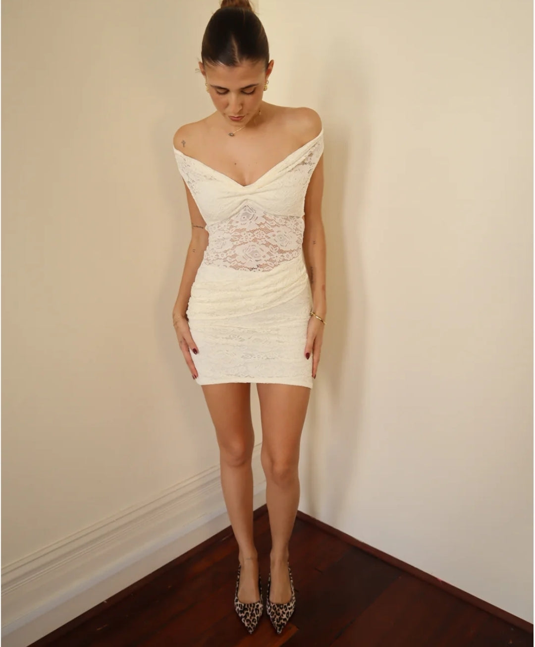 Hire DECONDUARTE Genna Lace Mini Dress in Ivory Cream Lace
