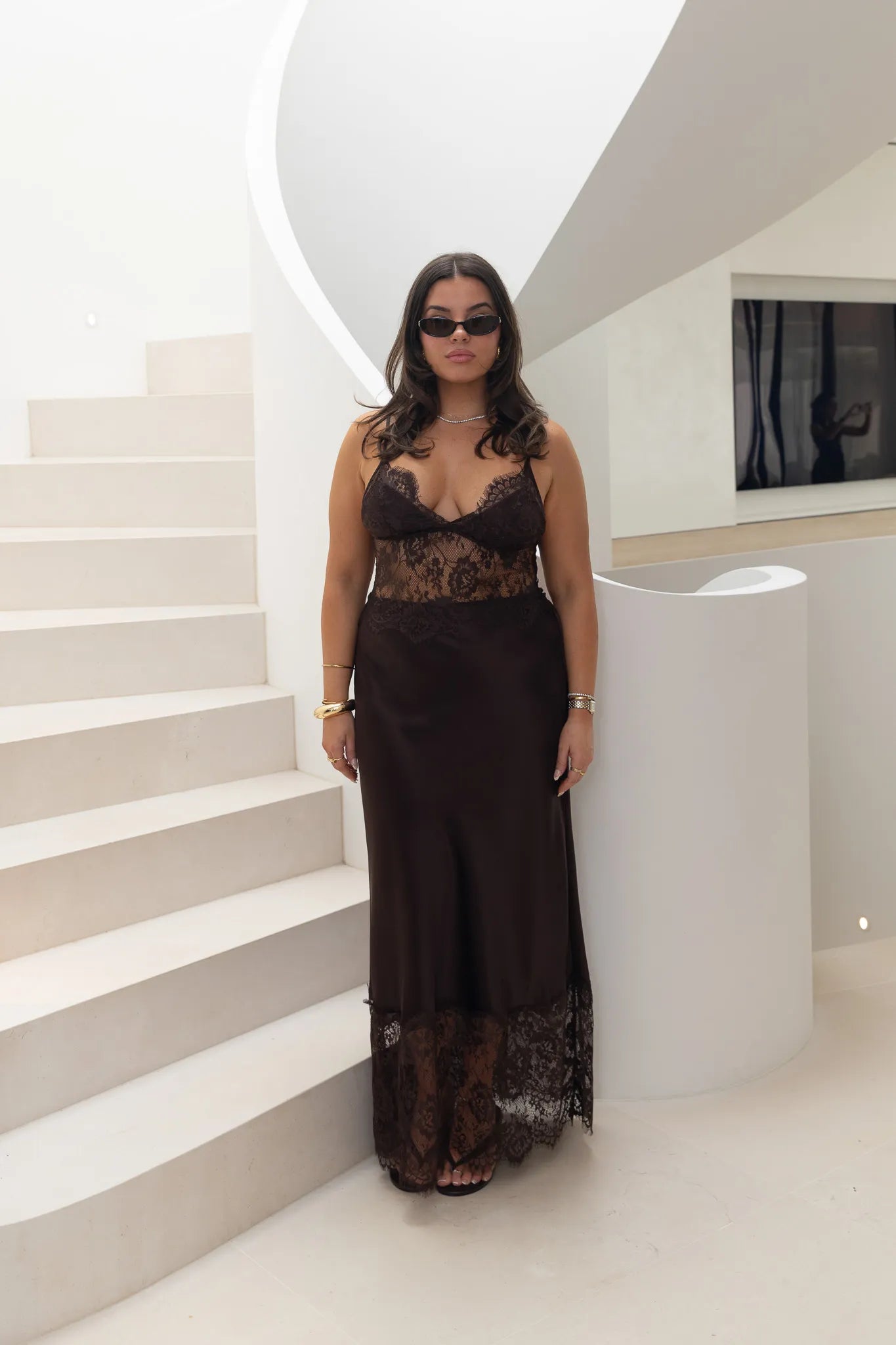 Hire SNEAKY LINK Jaz Hand Lace Maxi Dress in Chocolate Brown