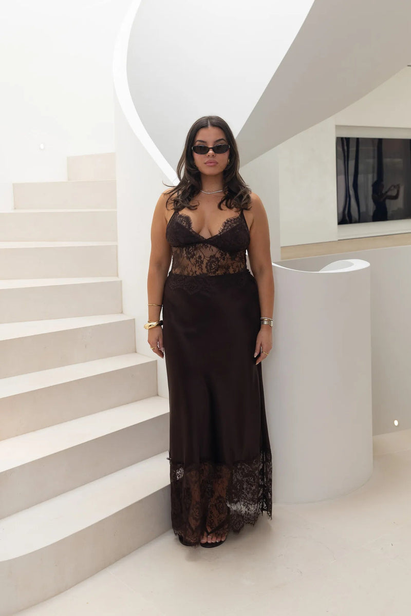 Hire SNEAKY LINK Jaz Hand Lace Maxi Dress in Chocolate Brown
