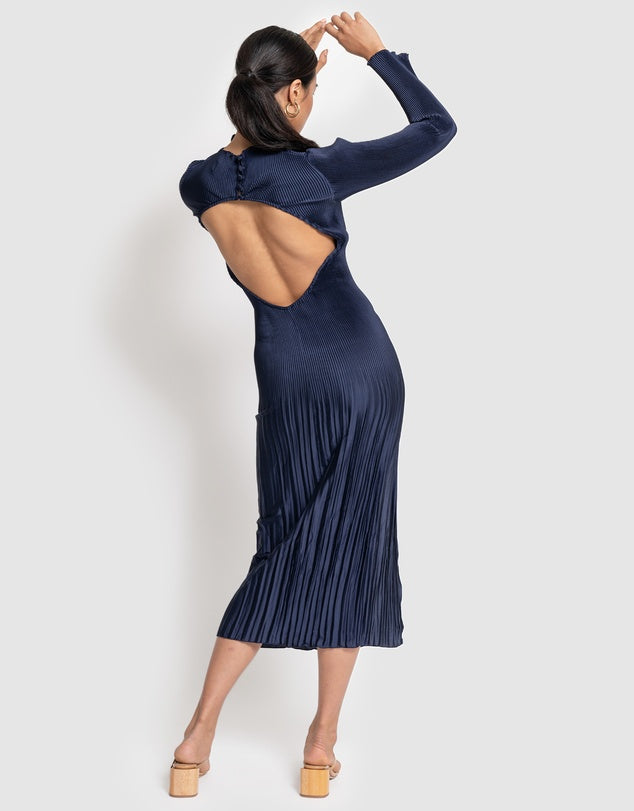 Hire L’IDEE Soiree Pleated Long Sleeve Backless Dress Gown in Navy