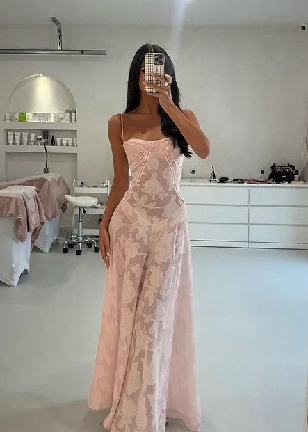 Hire HOUSE OF CB Seren Soft Pink Floral Lace Back Maxi Dress