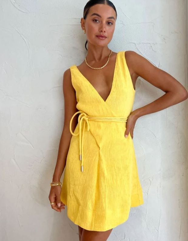 Hire BY NICOLA Starboard Cross Waist Mini Dress in Lemon Yellow