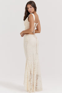 Hire HOUSE OF CB Set Therese Vintage Cream Lace Maxi Skirt and Una Corset Top in Cream