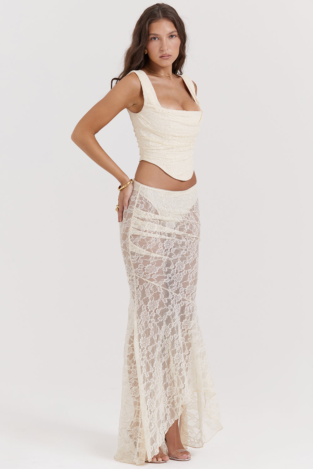 Hire HOUSE OF CB Set Therese Vintage Cream Lace Maxi Skirt and Una Corset Top in Cream