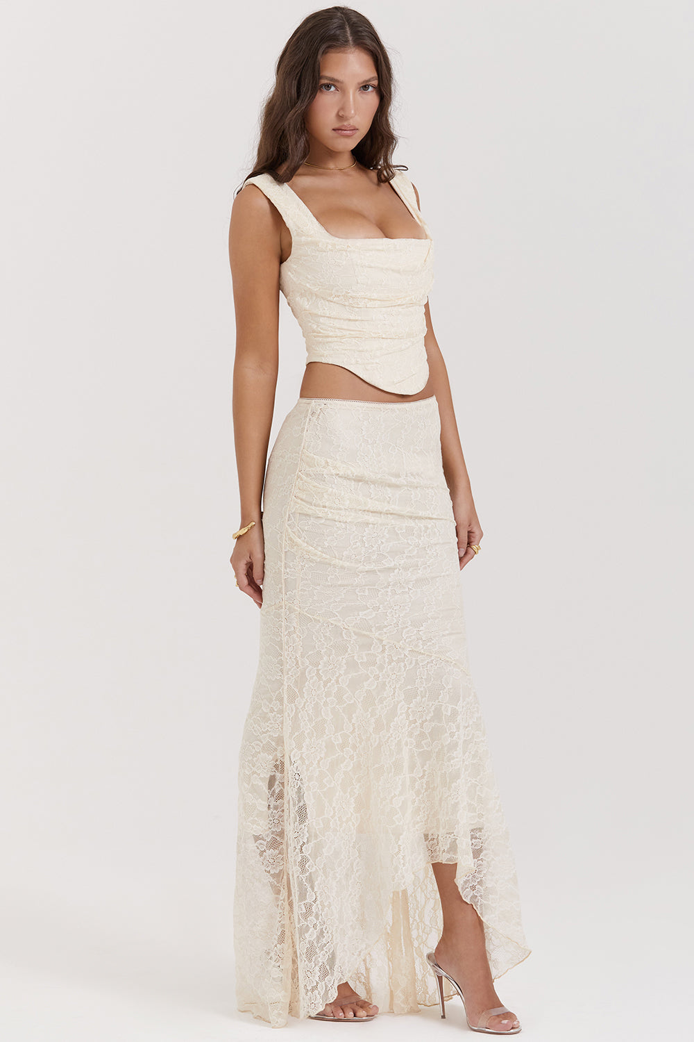 Hire HOUSE OF CB Set Therese Vintage Cream Lace Maxi Skirt and Una Corset Top in Cream